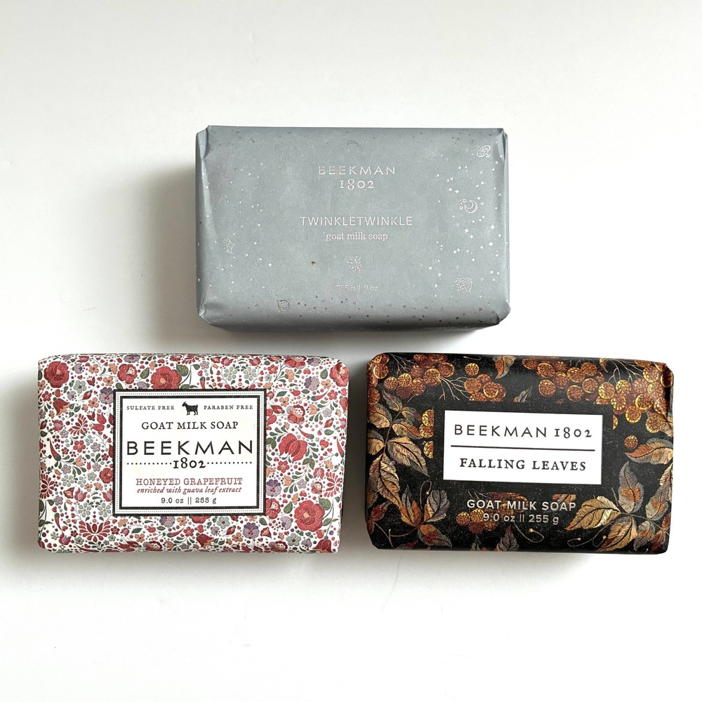 Beekman 1802 Goat Milk Soap 3 Set 9oz Honeyed Grapefruit Falling Leaves Twinkle